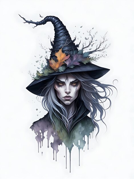 Vector watercolor witch head vector clip art illustration