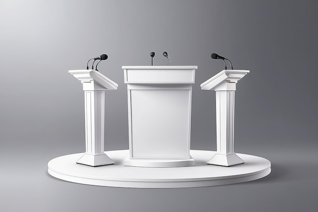 Vector White Podium Tribune Rostrum Stand with Microphones Isolated on Background