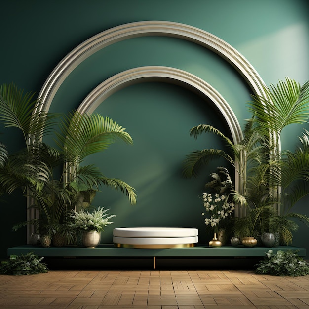 vector white product podium with green tropical palm leaves and golden round arch on green wall 8k