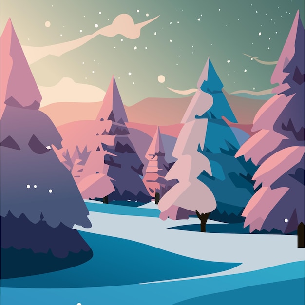 Фото Векторный зимний пейзаж со снежными горами и елями