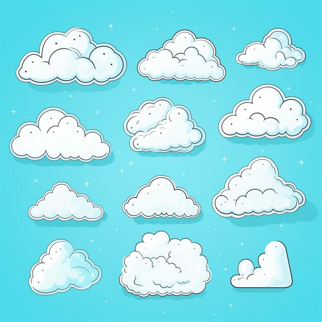 Foto vector wolk sticker clipart vector set vlak ontwerp blauwe achtergrond