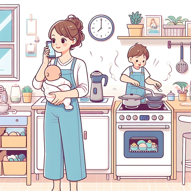 vector a woman in a kitchen with a baby on the phone