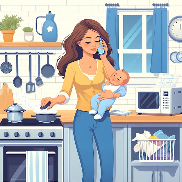 vector a woman in a kitchen with a baby on the stove and a microwave in the background