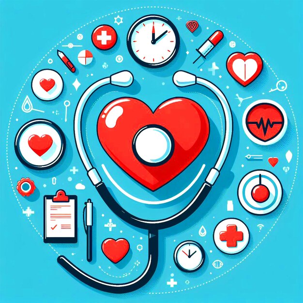 Vector world health day poster with stethoscope and red heart icon