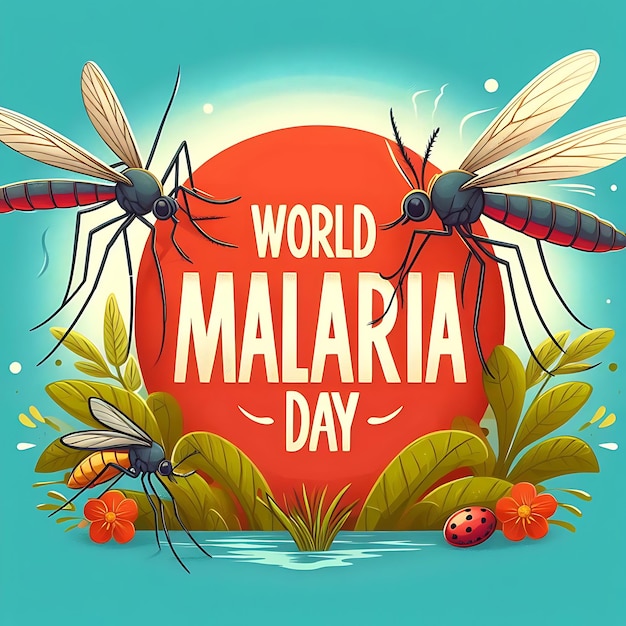 世界マラリア病媒介者デー (World Vector Malaria Day) は世界マラリアデーのポスターで青い背景に書かれています