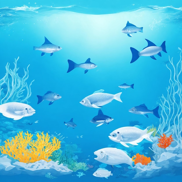 푸른 바다와 물고기의 수생 생물이 있는 벡터 세계 바다의 날 이벤트 배경