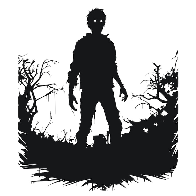 векторный зомби выходит из могилы стоящий зомби и поднимает руки стоящий зомби с векторной иллюстрацией дерева на белом фоне