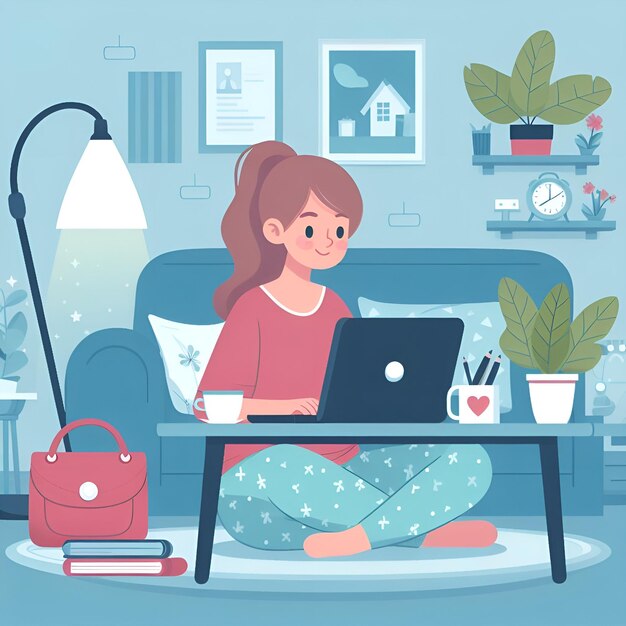 Foto vectorcartoon van een vrouw die thuis werkt in een pyjama in een platte stijl.
