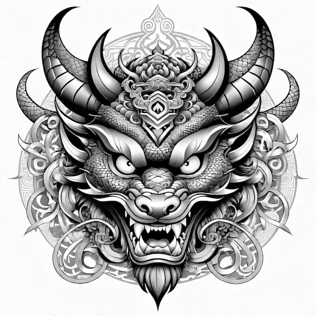 Foto vectorillustratie aziatische draak en masker tattoo sjabloon aziatische patronen en ornamenten hand getrokken
