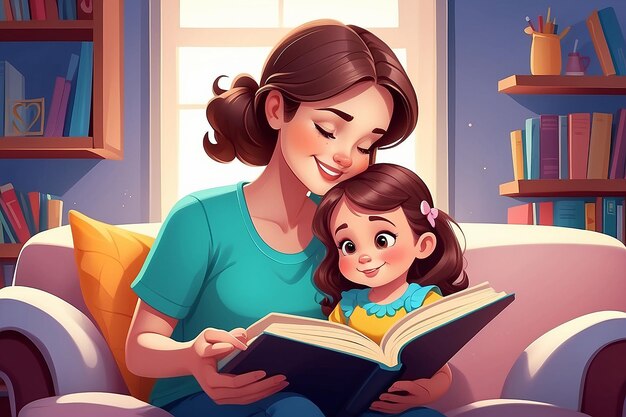 Vectorillustratie moeder moeder die een sprookjesboek voorleest aan baby kind dochter babysitter nanny verzorger babysitter met kind