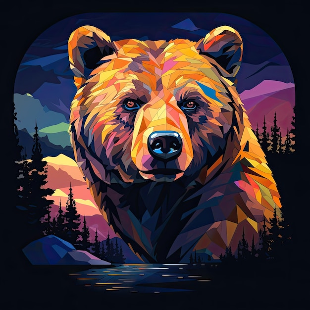 Vectorillustratie van een beer op de achtergrond van het nachtbos