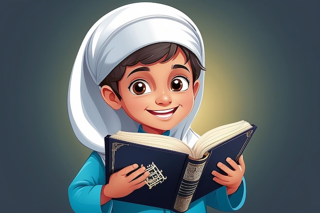 Vectorillustratie van een gelukkig moslimkind met de Koran in de hand
