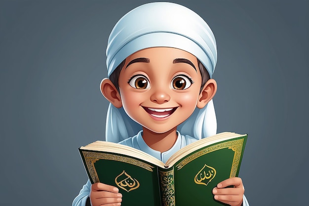 Vectorillustratie van een gelukkig moslimkind met de Koran in de hand