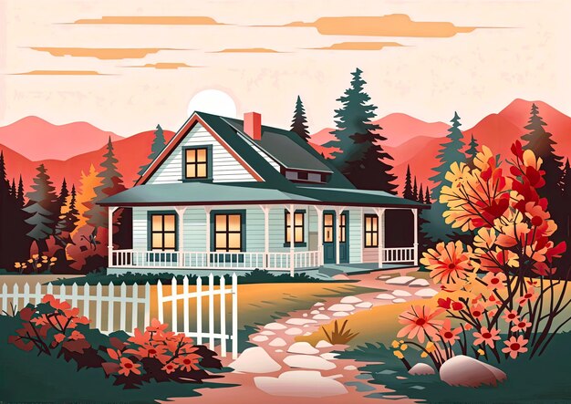 Vectorillustratie van een huisje in het bos Landschap in de herfst