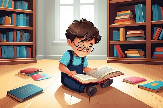 Vectorillustratie van een kind dat op de vloer zit en een open boek leest Vector door stockshoppe