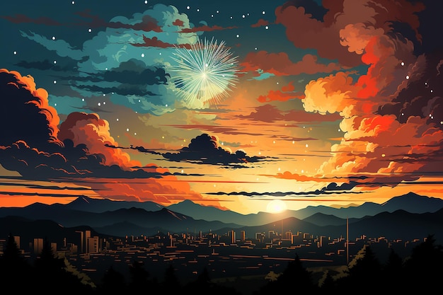Vectorillustratie van een nachtelijke hemel in vlammen met vuurwerk Ai gegenereerd