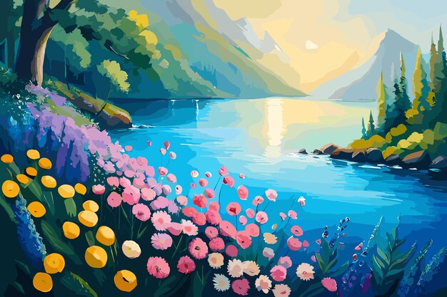 Vectorillustratie van een prachtig berglandschap met een rivier bloemen abstracte illustratie