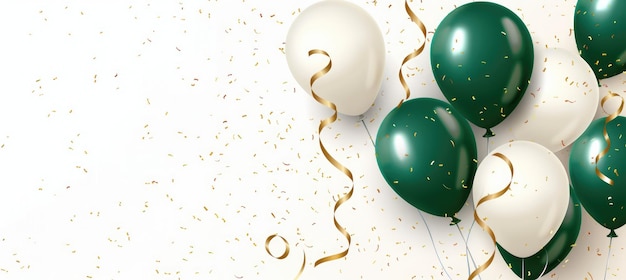 Vectorillustratie van groene en witte ballonnen met gouden streamer op een lichte achtergrond voor feestfeestjes of feestkaartbannerontwerp