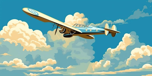 Vectorillustratie van het beeld van de wolken met een tweevliegtuig dat in de blauwe lucht vliegt