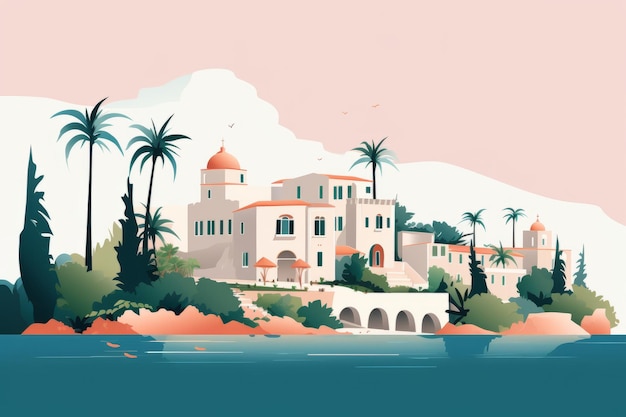 Vectorillustratie van het eiland Rhodos in Griekenland Landschap met een oud kasteel palmbomen en