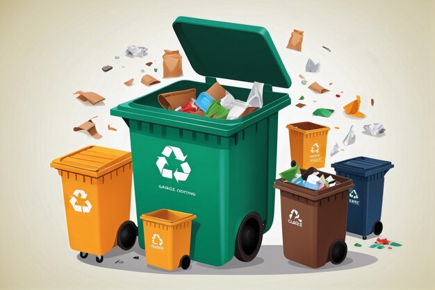 Vectorillustratie van het sorteren van vuilnis het sorteren van afval naar materiaal en type in een vuilnisbak