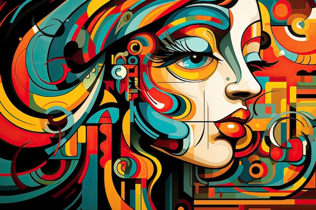 Vectorillustratie van mooie vrouw gezicht op kleurrijke achtergrond met abstracte elementen Kleurrijke illustratie van kubisme stijl hand getrokken artistieke AI gegenereerd