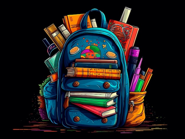 Vectorillustratie van schoolrugzak met boeken en potloden op zwarte backgroundAI gegenereerd