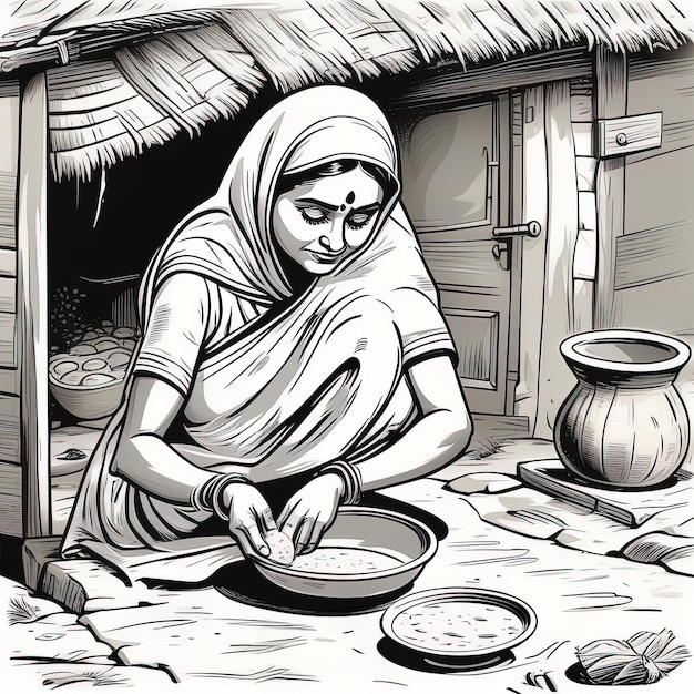 vectorillustratie van vrouw met een mandje rijst. vectorillustratie van vrouw met een mandje rijst