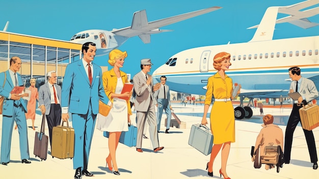 Vectorillustratie van zakenlieden in de luchthaventerminal met vliegtuig en bagage