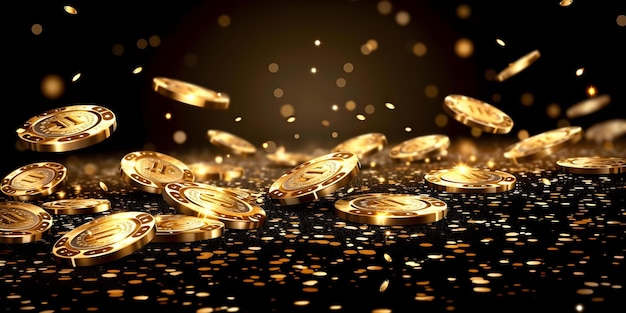 Векторная иллюстрация золотых покерных фишек, летящих на черном фоне Концепция Векторская иллюстрация Золотые покерные фишки, летящие на черном фонде