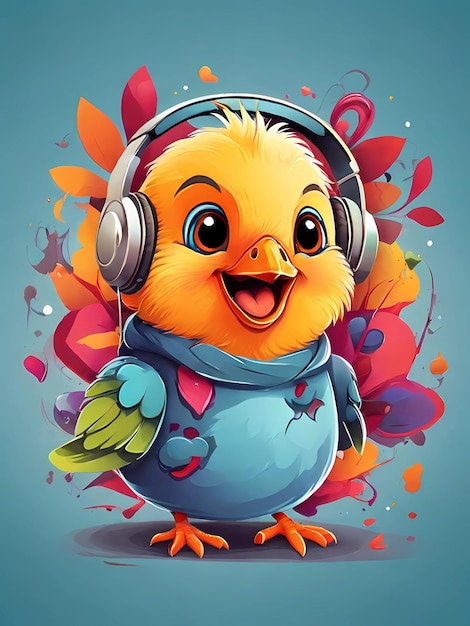 Vectorkunst illustratie van een schattige vogel die lacht en naar muziek luistert