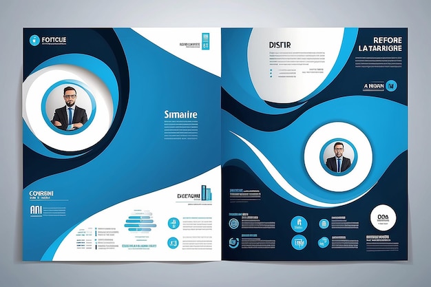 Foto vectorontwerp sjabloon voor brochure jaarverslag tijdschrift poster corporate presentatie portfolio flyer infographic lay-out modern met blauwe kleur grootte a4 voor- en achterzijde makelijk te gebruiken en te bewerken