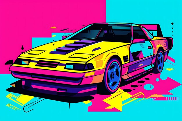 vectorstijl strip cartoon afbeelding synthwave retro jaren 90 stijl sportwagen retro golf