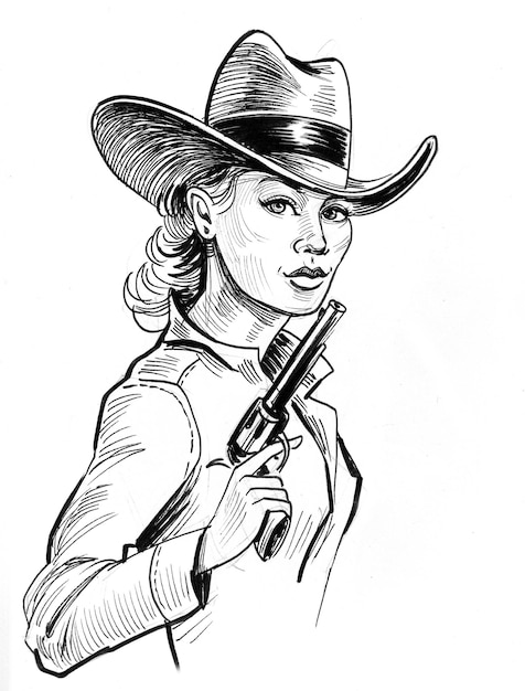 Veedrijfster met een revolverkanon. Inkt zwart-wit tekening