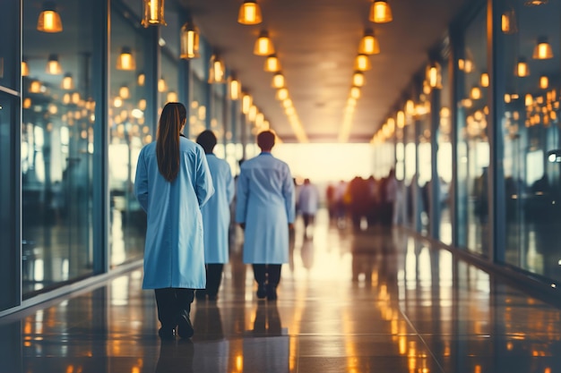 Veel artsen in scrubs lopen door een gang in het ziekenhuis.