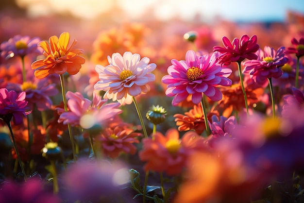 Veel bloemen in verschillende levendige kleuren op een weide