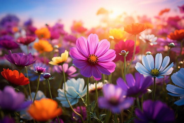 Veel bloemen in verschillende levendige kleuren op een weide