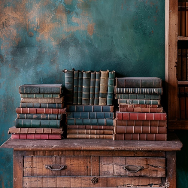 Foto veel boeken op een houten tafel en een éénkleurige achtergrond