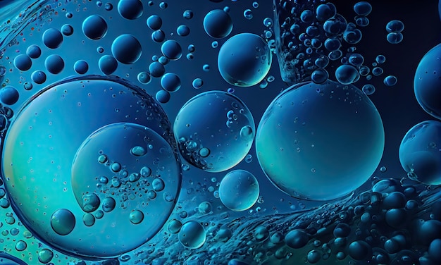 Veel bubbels in een blauwe vloeibare close-up generatieve AI