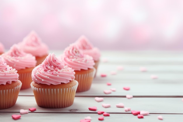 Veel cupcakes met roze glazuur en hartvormige hagelslag op witte houten tafel Briefkaart wenskaart voor Valentijnsdag