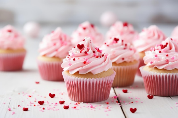 Veel cupcakes met roze glazuur en hartvormige hagelslag op witte houten tafel Briefkaart wenskaart voor Valentijnsdag