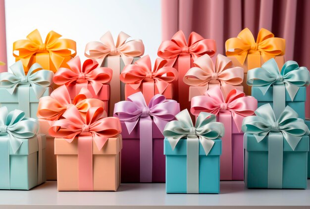 Veel decoratieve geschenkkistjes in pastelkleuren met een strik Valentijnsdag Kerstmis verjaardag bruiloft