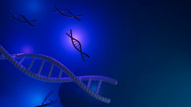 Veel DNA-ketens op blauwe achtergrond 3D-rendering