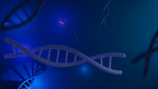 Veel DNA-ketens op blauwe achtergrond 3D-rendering