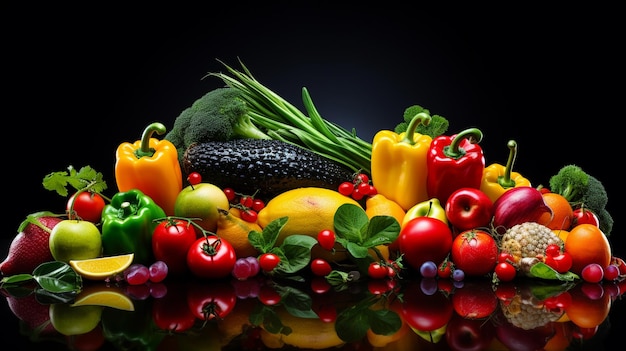 Veel fruit en groenten op een zwarte achtergrond AI Generatieve AI