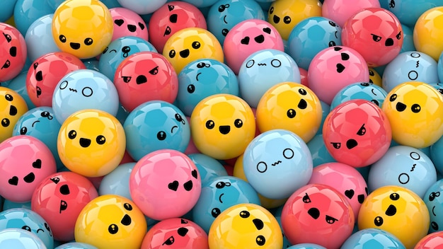 Foto veel gekleurde ballen met verschillende gezichtsuitdrukkingen 3d-rendering achtergrond