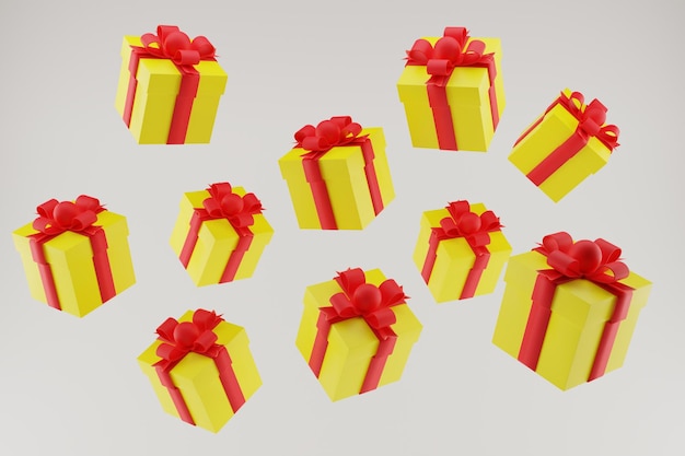 Veel geschenken zweven op een witte achtergrond Gele dozen met rode strikken 3D render