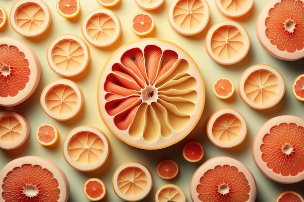 Foto veel gesneden verse grapefruits als achtergrond bovenaanzicht ai-generatie