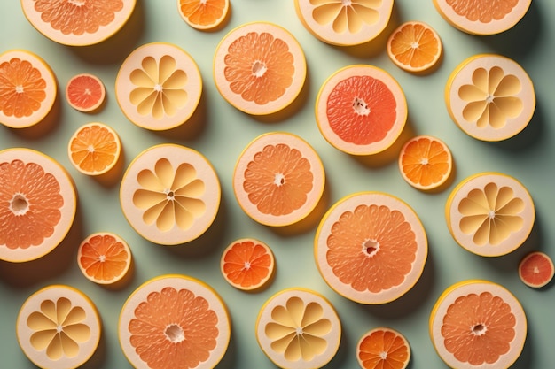 Veel gesneden verse grapefruits als achtergrond bovenaanzicht AI-generatie