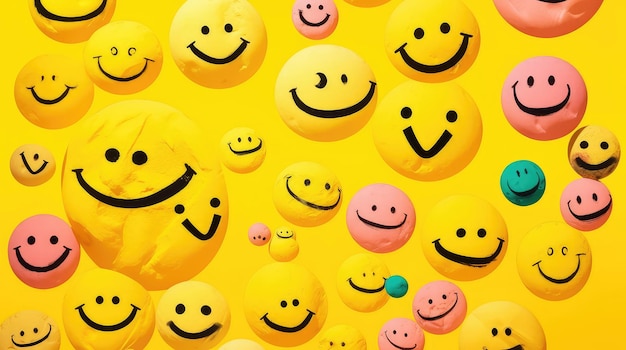 Foto veel glimlachende gezichten op een gele achtergrond